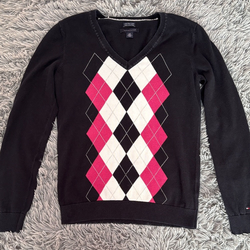 Tommy Hilfiger Black and Pink Argyle V-Neck Sweater